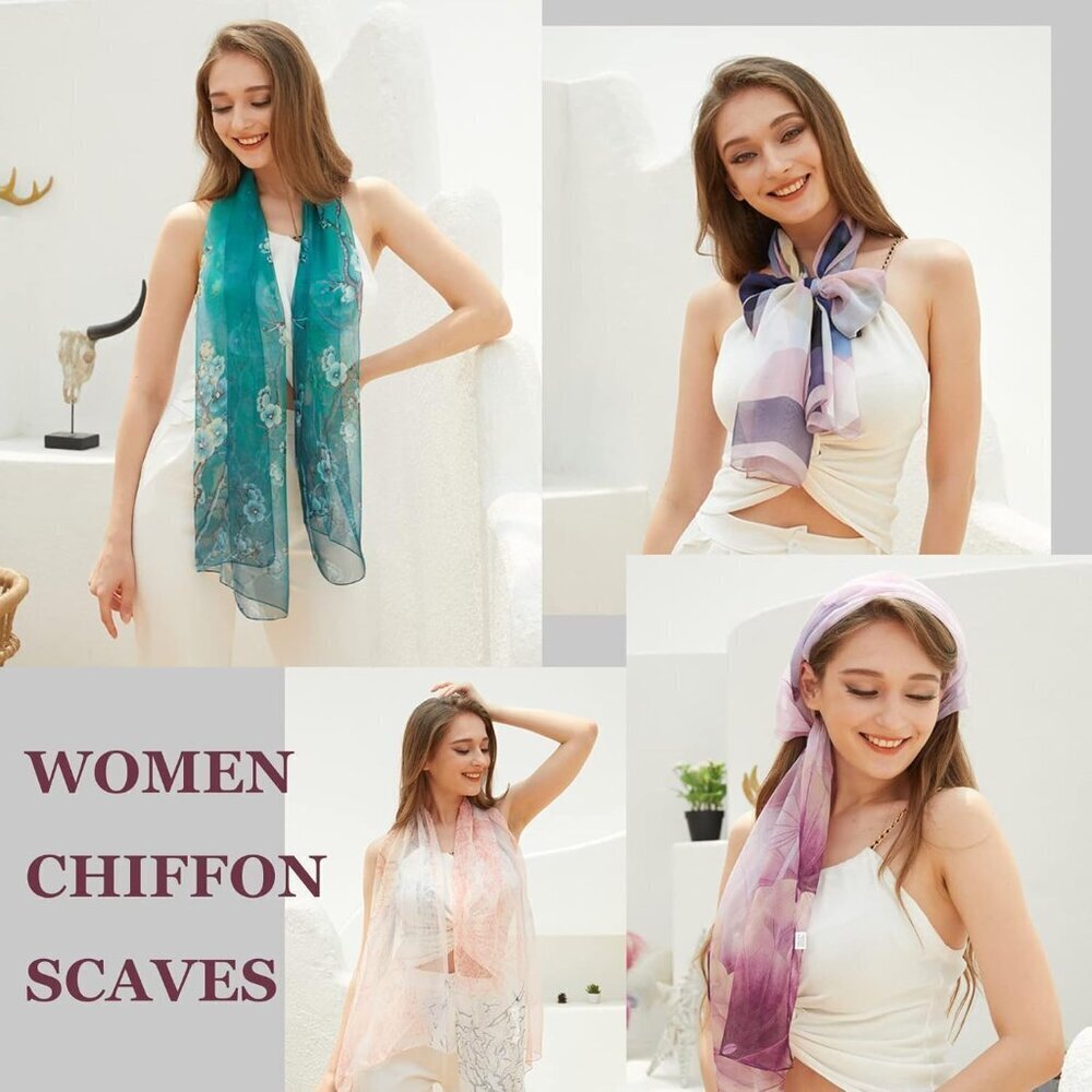 Women's Dark Green Fashion Lightweight Head Scarf Floral Print Chiffon Scarf - Picture 6 of 7